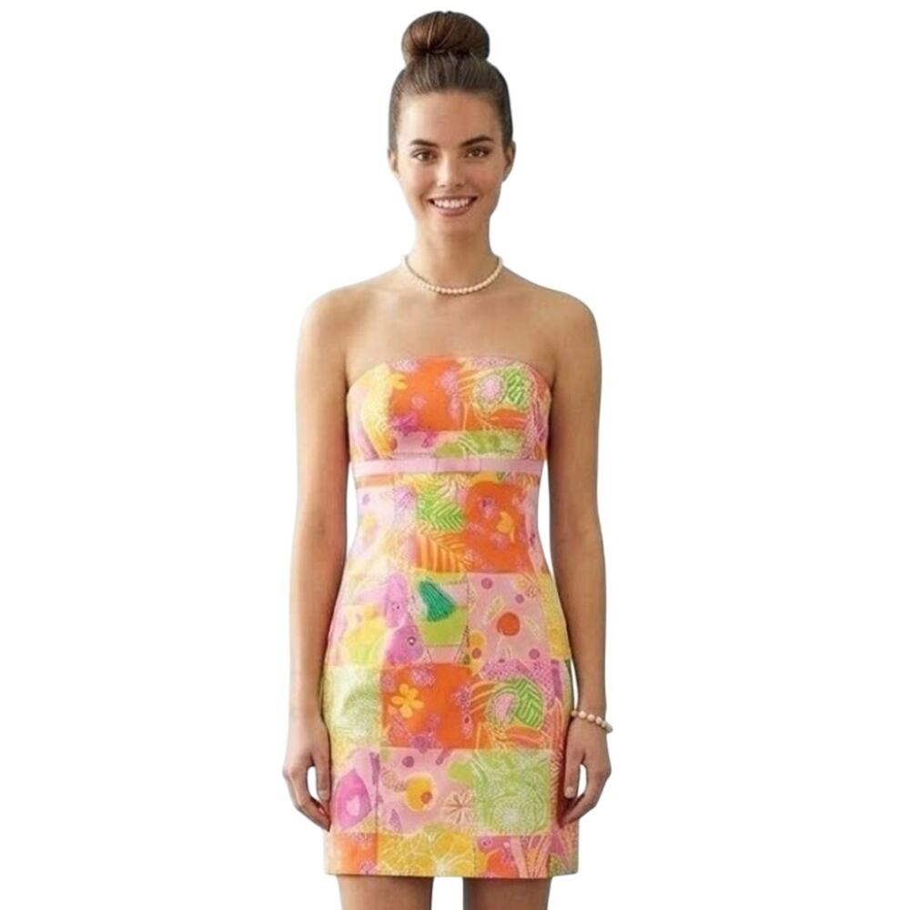 Vintage Lilly Pulitzer White Tag Strapless Tropical Y2K Patchwork Resort Dress